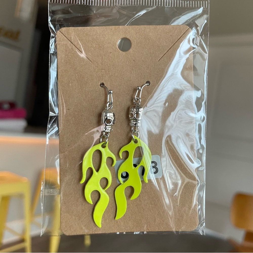 Skull Flame Yellow Fire J Hook Dangle Earrings Moto